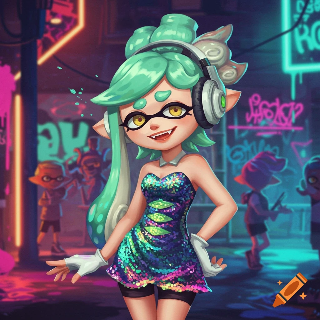 A stylized character from Splatoon, Marina, with green tentacles, headphones, and a sparkly dress, stands in a neon-lit urban alley.