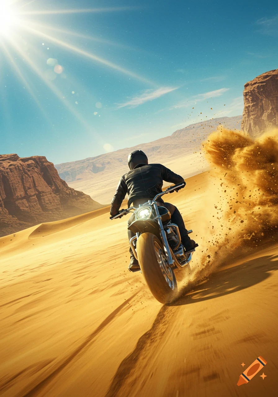 A motorcyclist in a black leather suit and helmet rides at high speed through a sunny desert, kicking up sand.