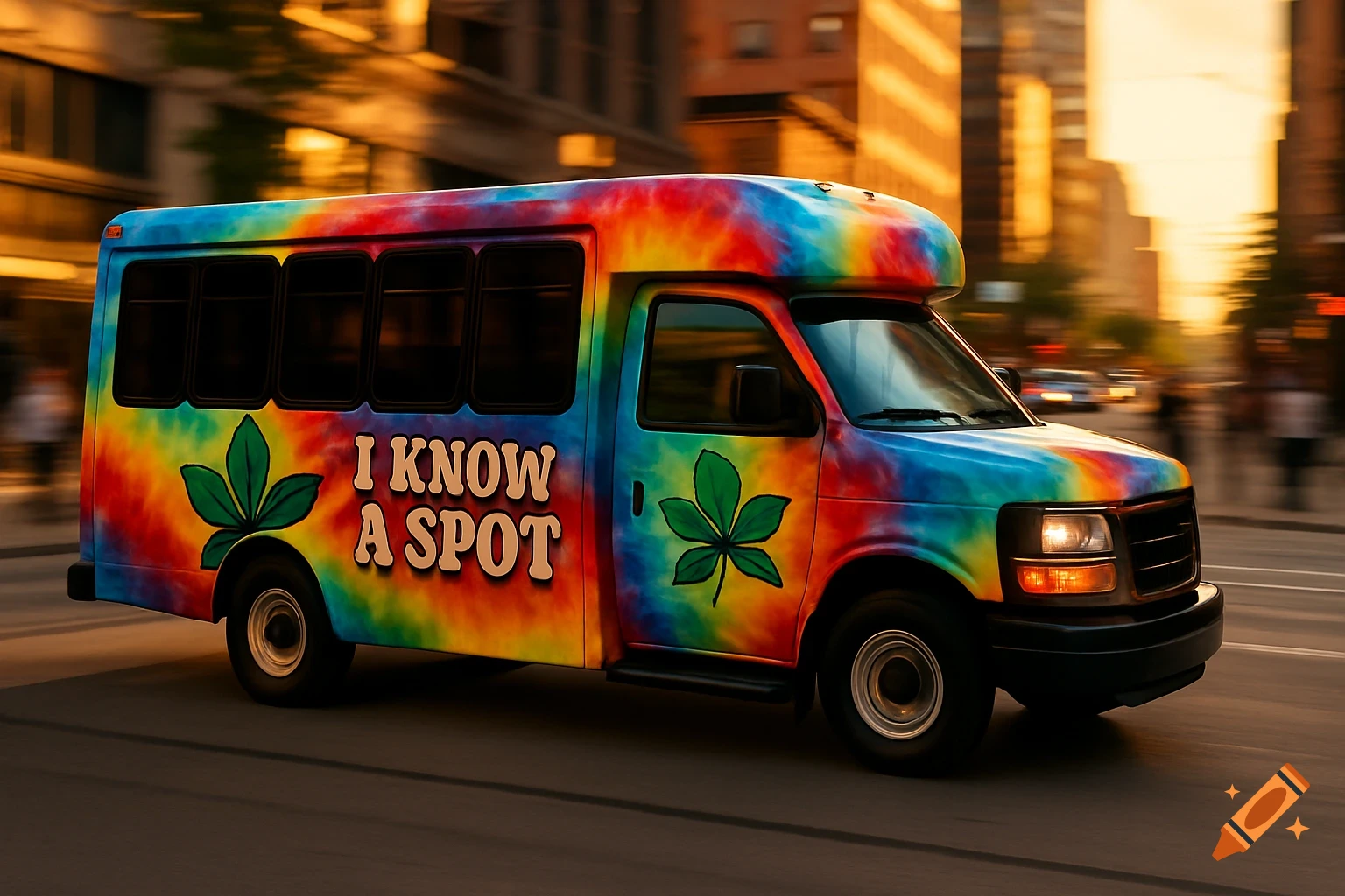 A vibrant tie-dye painted bus with a leaf symbol and "I KNOW A SPOT" on its side, driving on a city street at sunset.