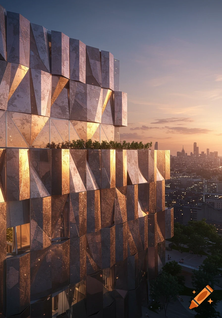 Modern building with geometric, reflective facade at sunset, overlooking a city skyline.