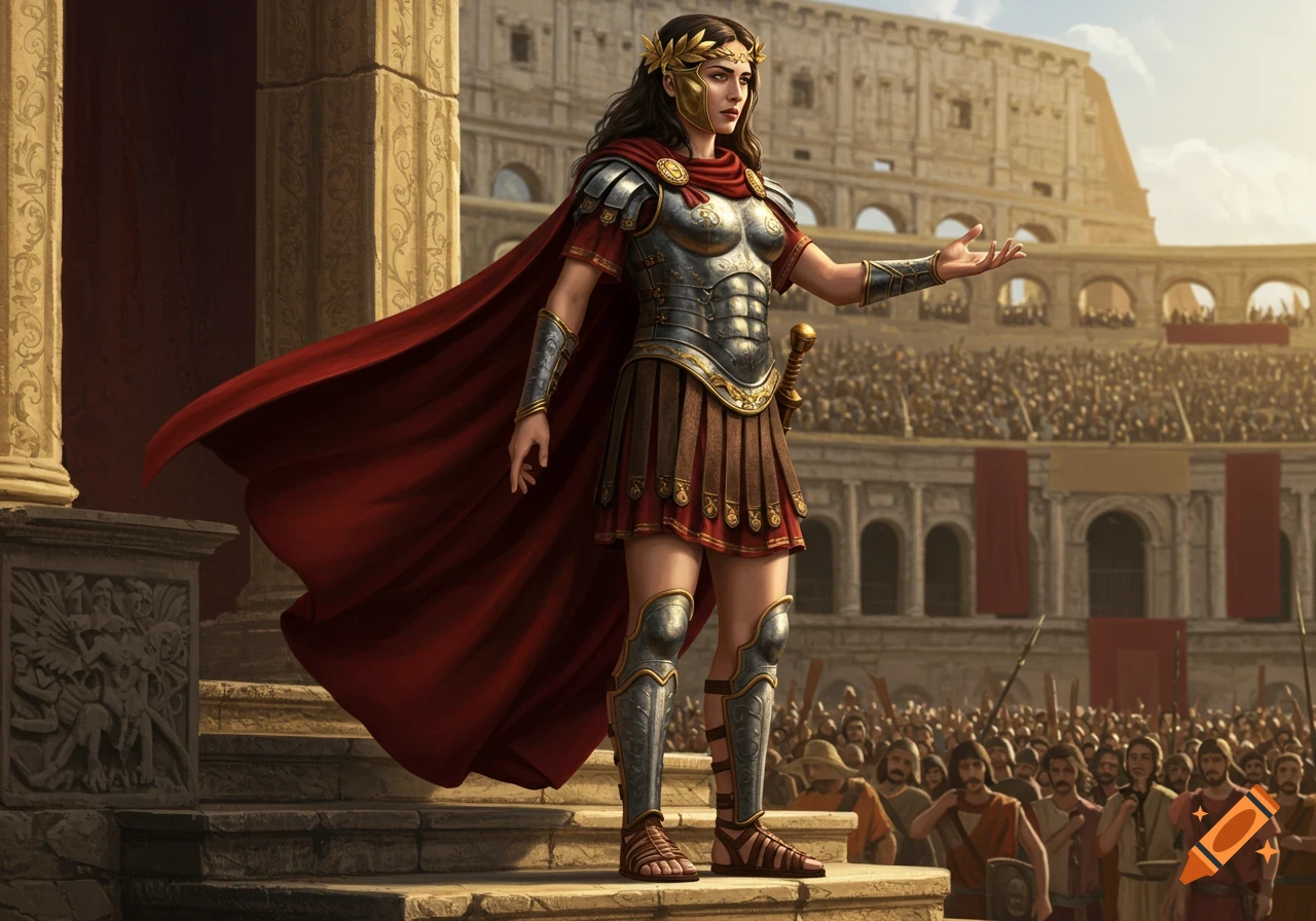 A Roman empress in steel armor and a red cape stands on stone stairs, addressing a vast crowd in a grand ancient arena.