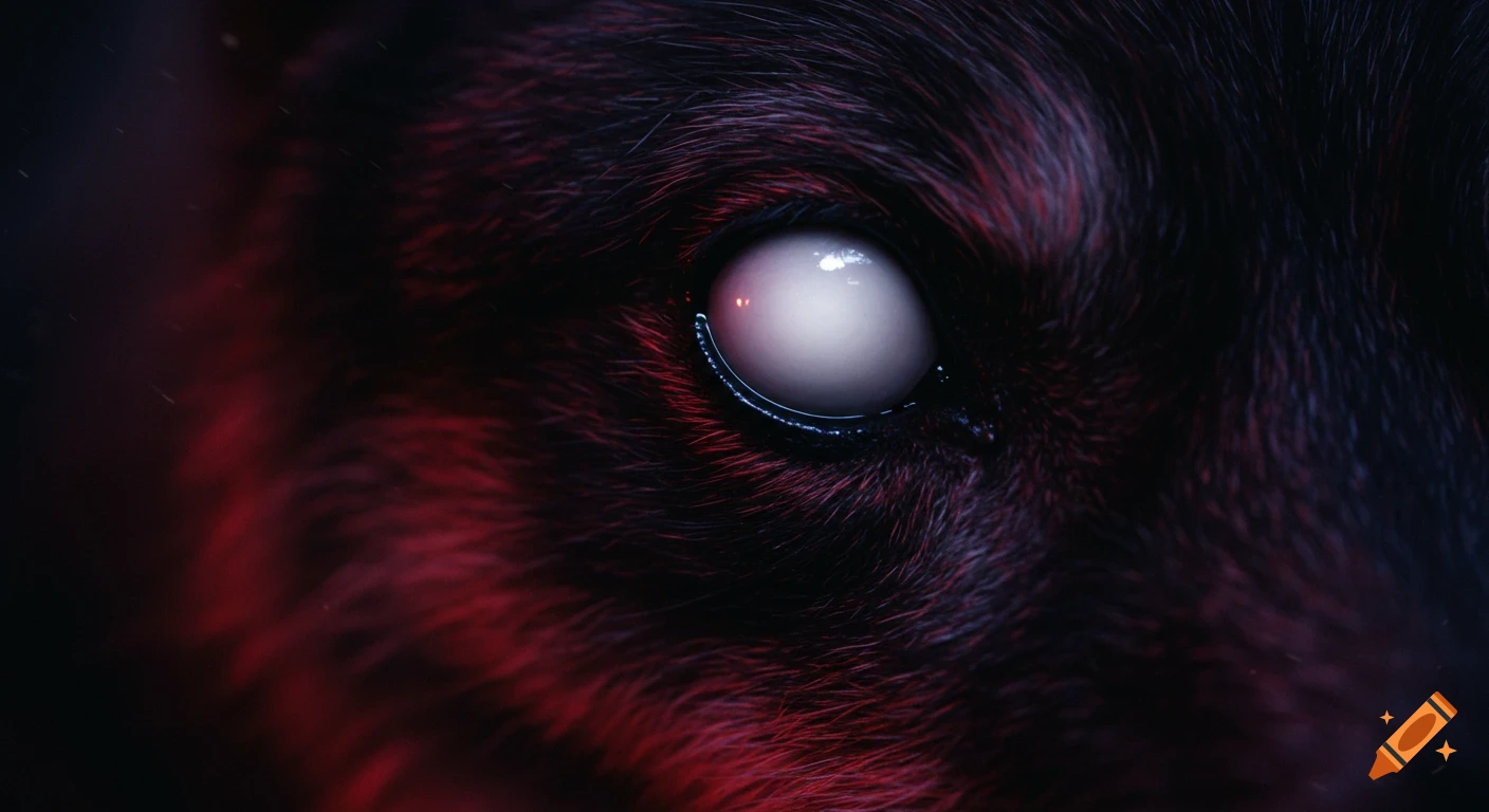 Extreme close-up of an eerie canid eye, glowing white with no pupil, surrounded by dark red and black fur, in moody lighting.