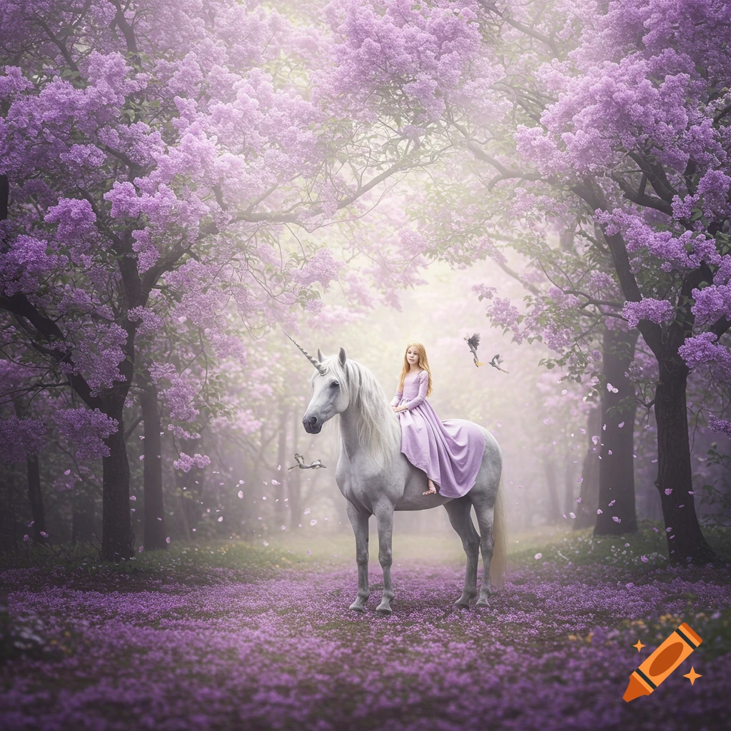 A blonde girl in a lavender dress rides a white unicorn through a misty fairytale forest with purple lilac trees and falling petals.
