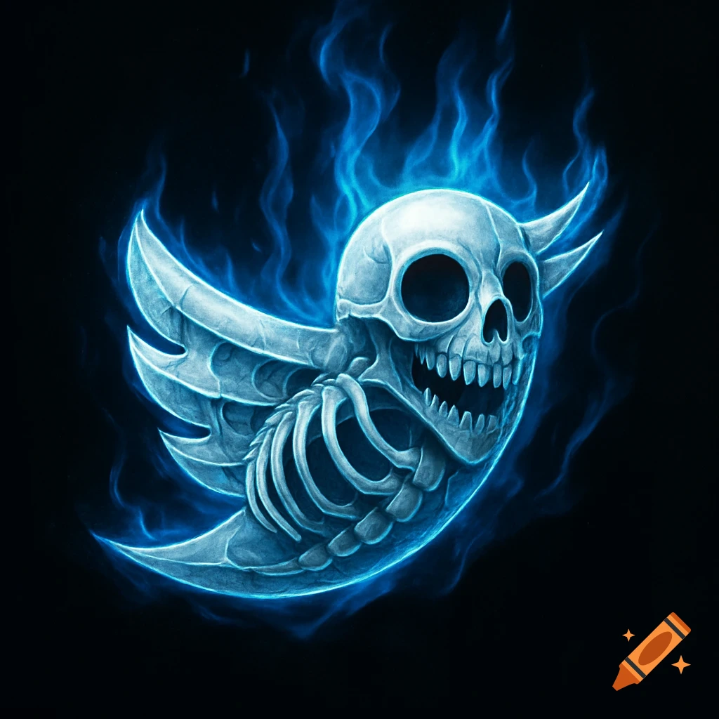 A skeletal Twitter bird logo, made of bone with sharp wings and small horns, engulfed in glowing blue flames on a black background.