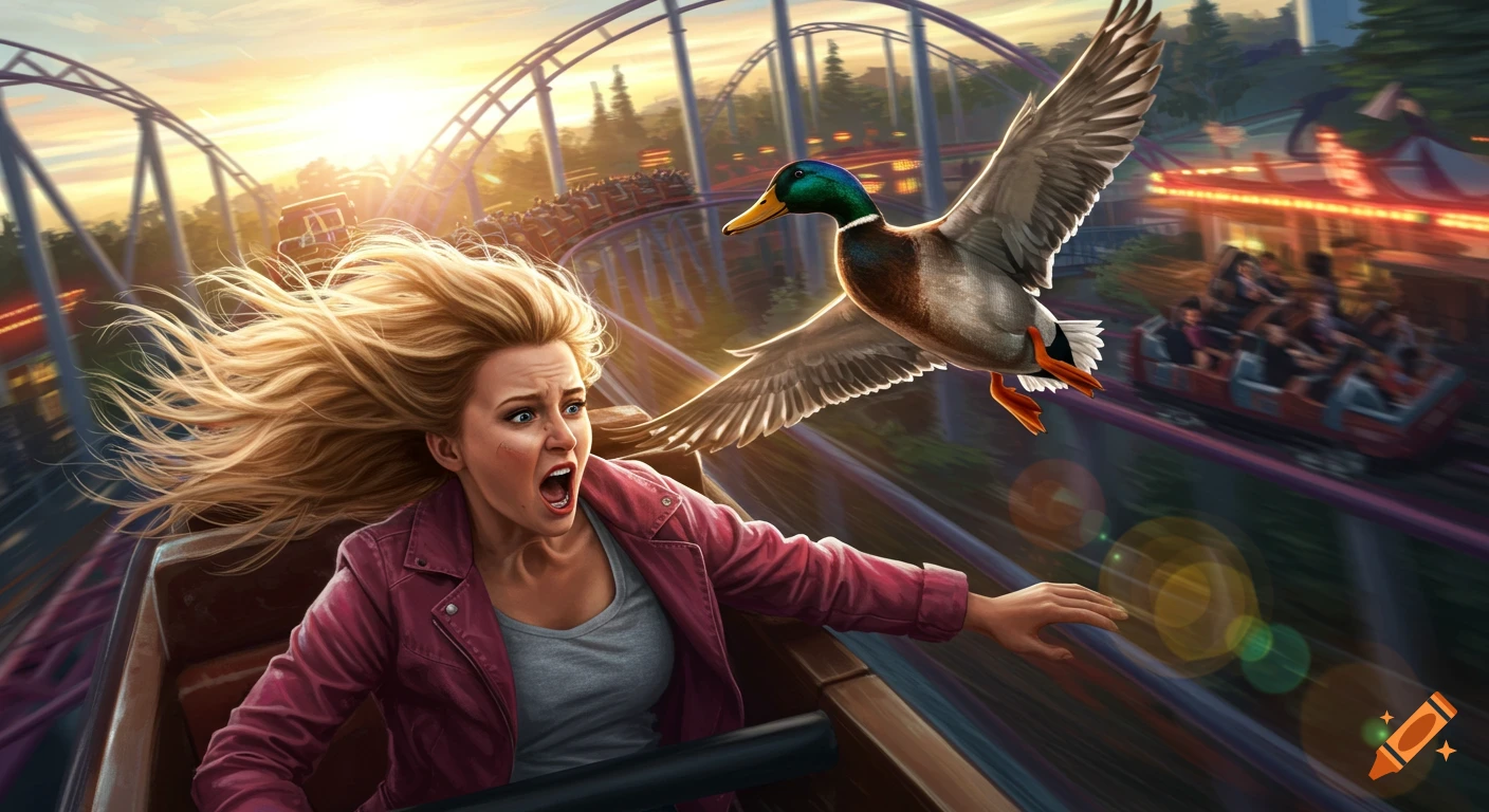 Dramatic movie-poster style image of a screaming blonde woman on a rollercoaster as a duck flies past her face at an amusement park during sunset.