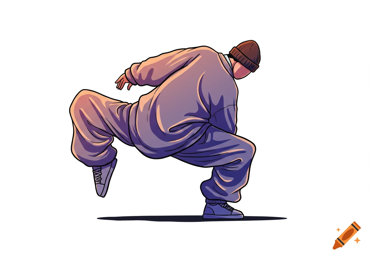 A stylized comic illustration of a gender-neutral person in baggy clothes and a beanie performing a breakdance move against a white background.
