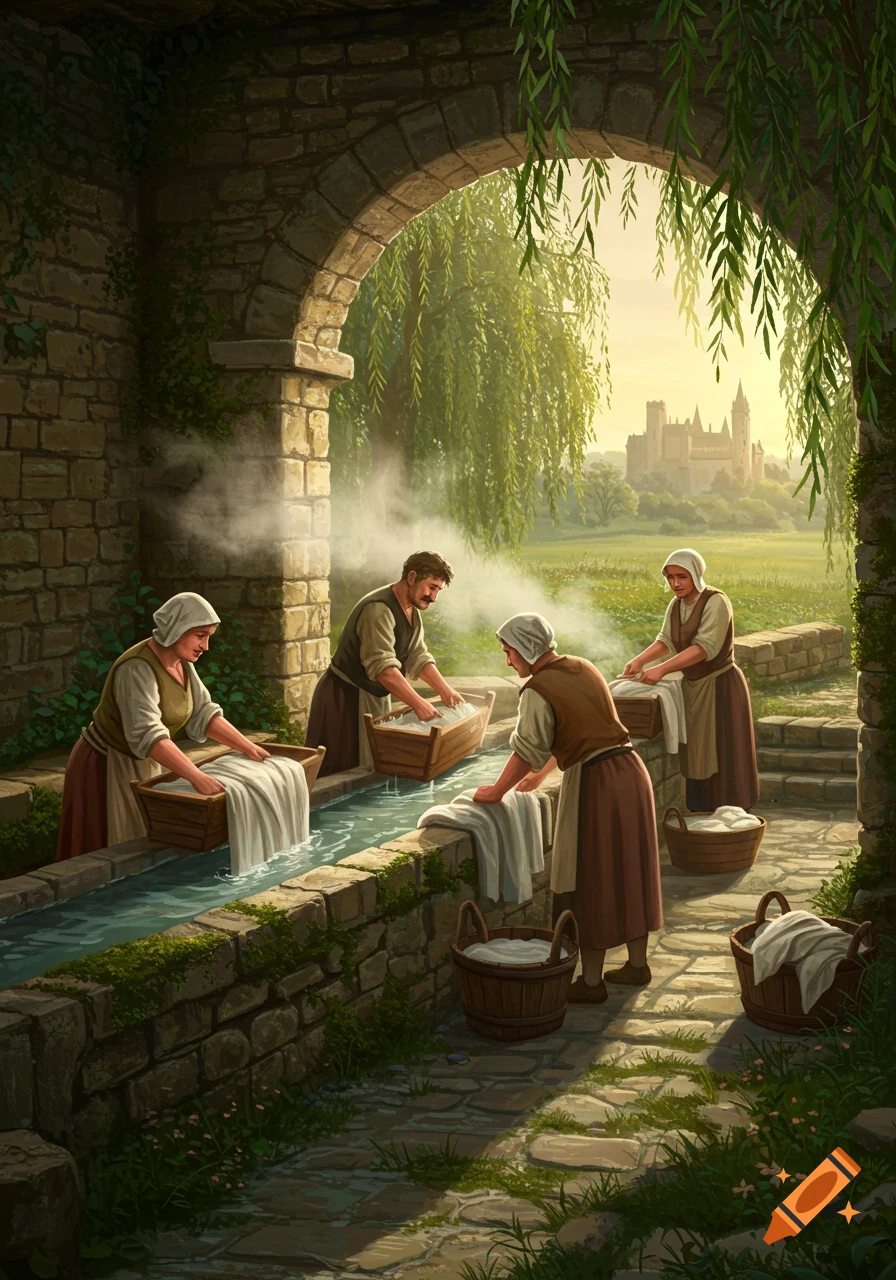 Three medieval figures wash linen in a steaming stone washhouse under an archway, with a distant castle and willow trees at sunset.