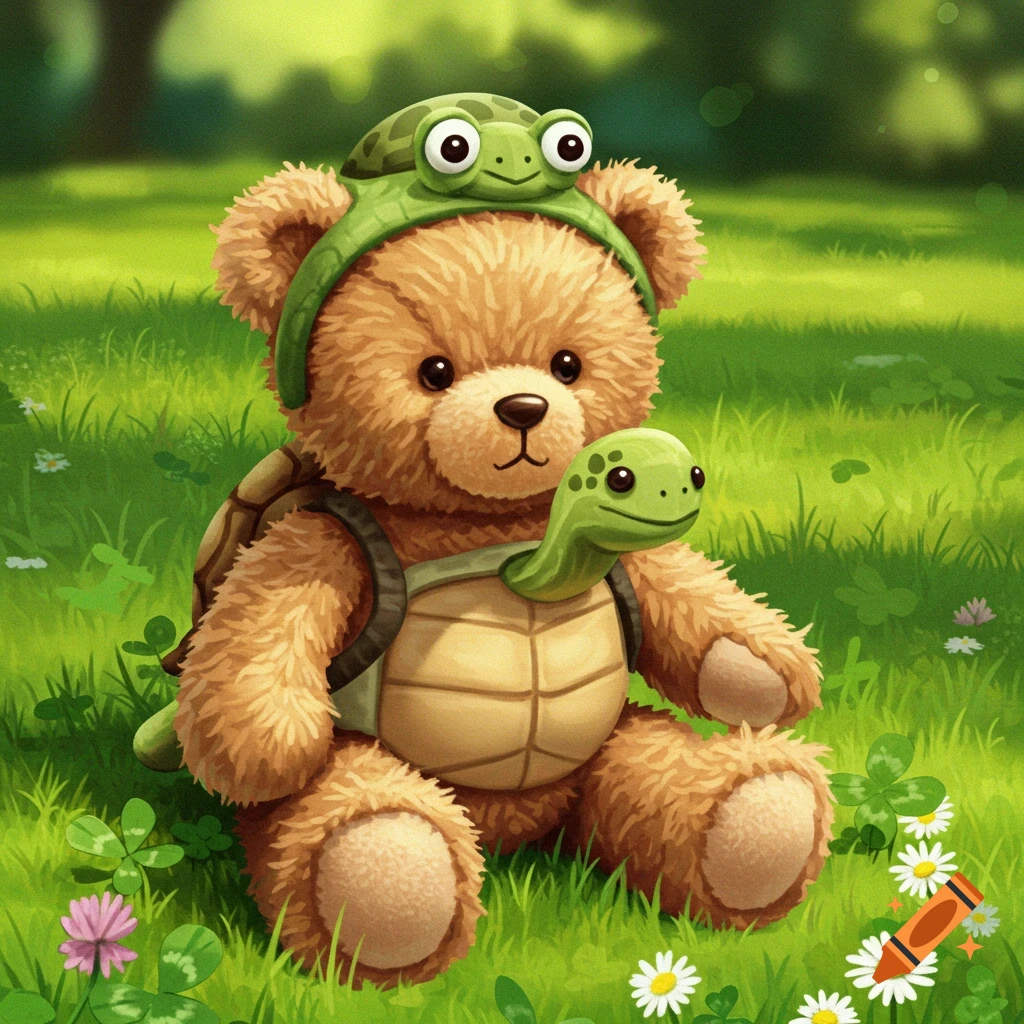A cute teddy bear wearing a turtle hat and a turtle shell backpack, sitting in vibrant green grass with small flowers.