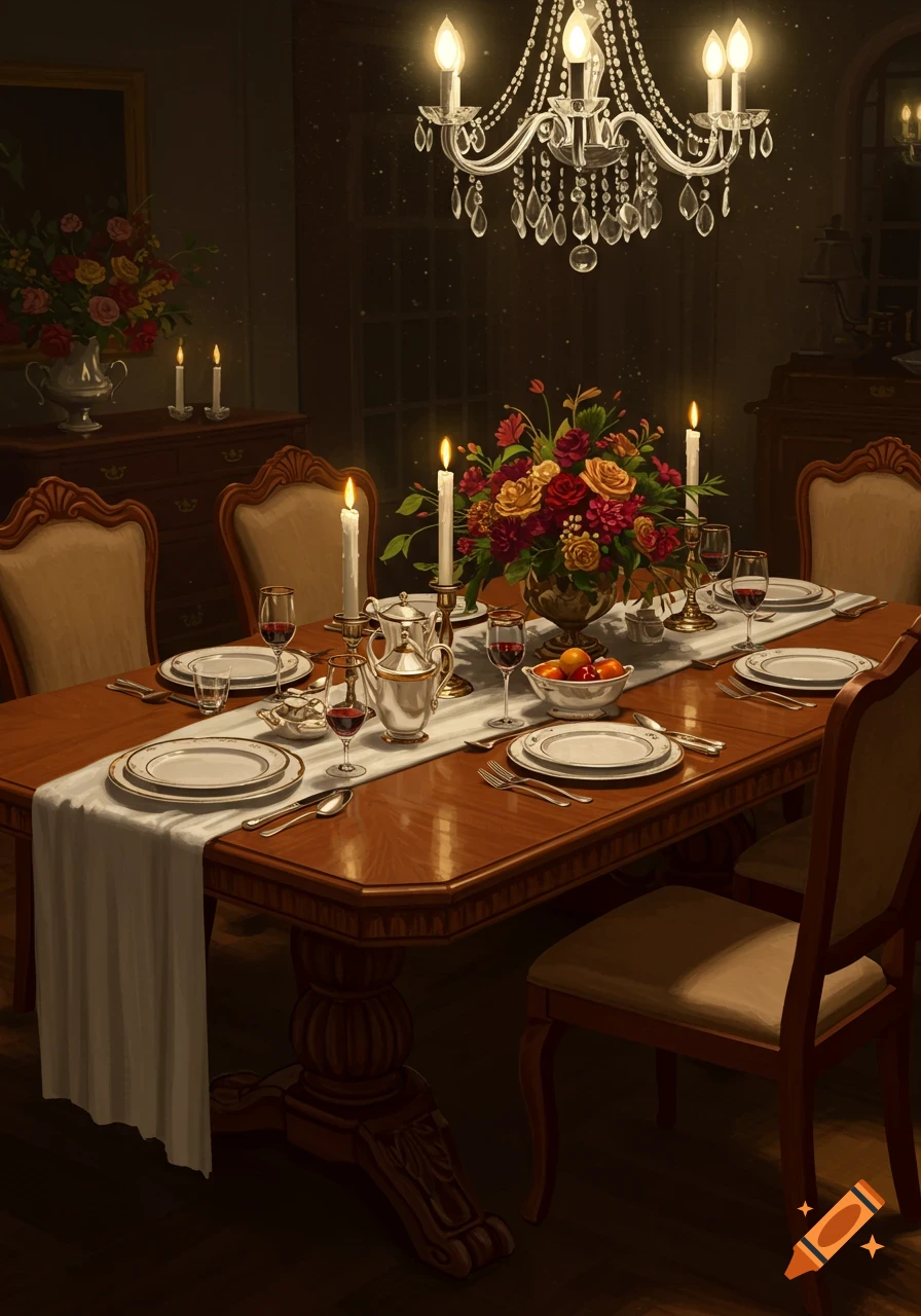 Elegant dining table set for dinner with a floral centerpiece, candles, and a crystal chandelier in a dimly lit room.