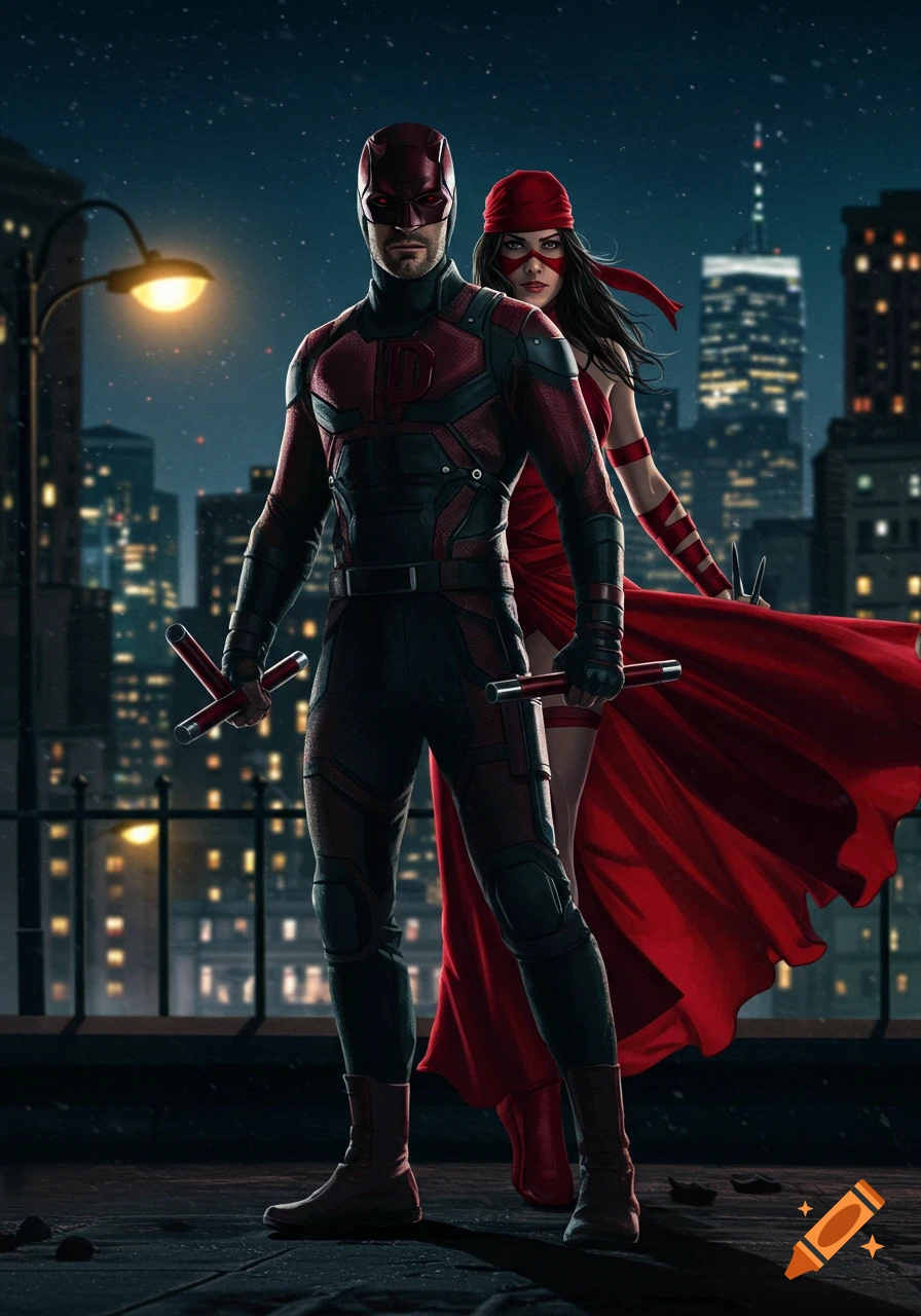 Daredevil and Elektra in their costumes stand on a city rooftop at night with a glowing cityscape behind them.