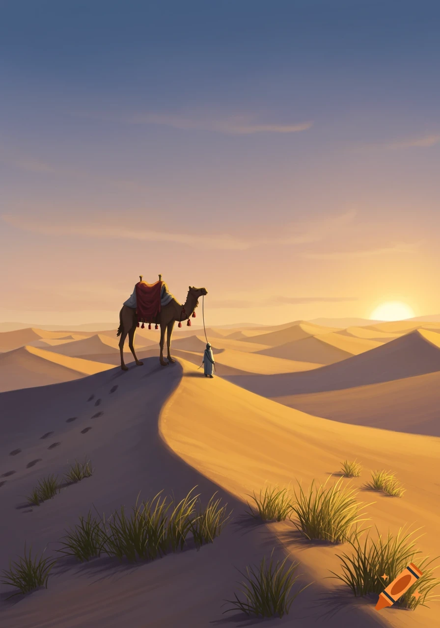 A person leads a camel over a desert dune at sunset, with footprints and sparse grass.