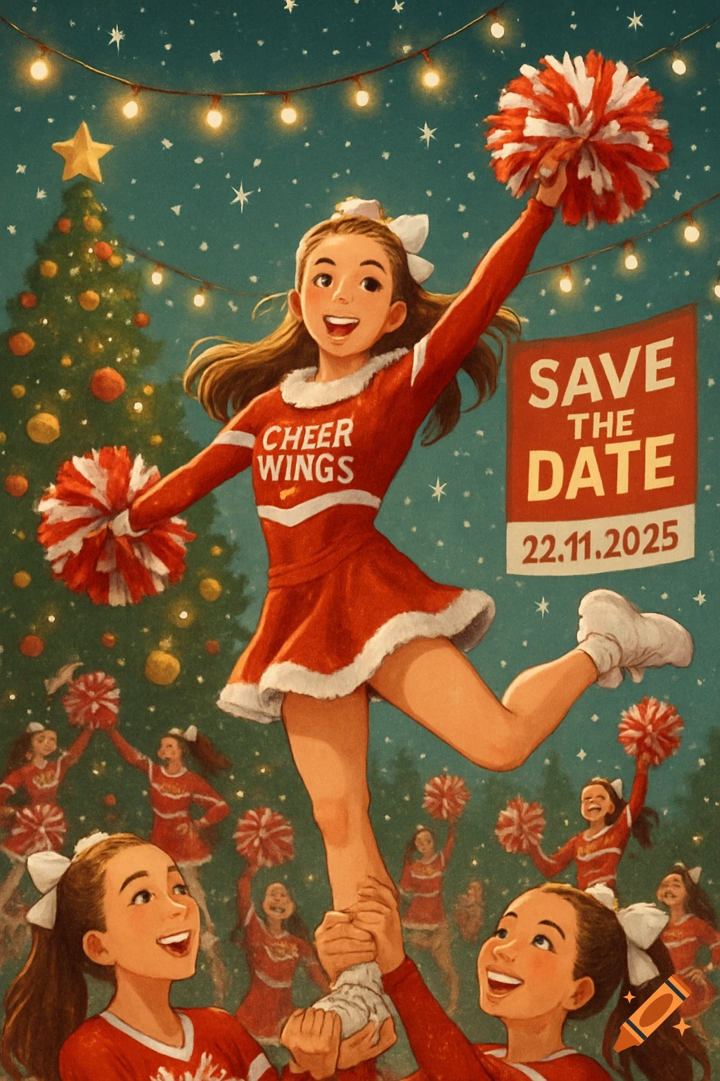 An illustration of cheerleaders in red and white uniforms, celebrating Christmas. The main cheerleader is lifted by others, holding pom-poms. A Christmas tree and a 'SAVE THE DATE 22.11.2025' banner are in the background.