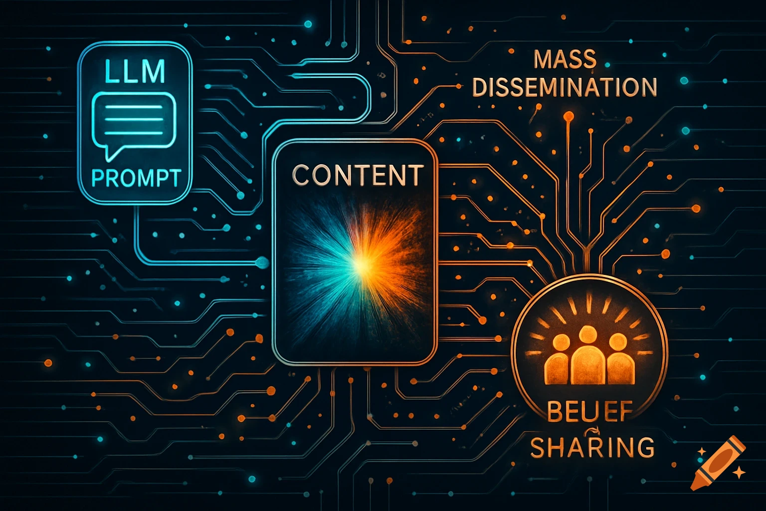 A glowing blue and orange flowchart on a dark circuit board background showing steps from LLM Prompt to Content, Mass Dissemination, and Belief Sharing.