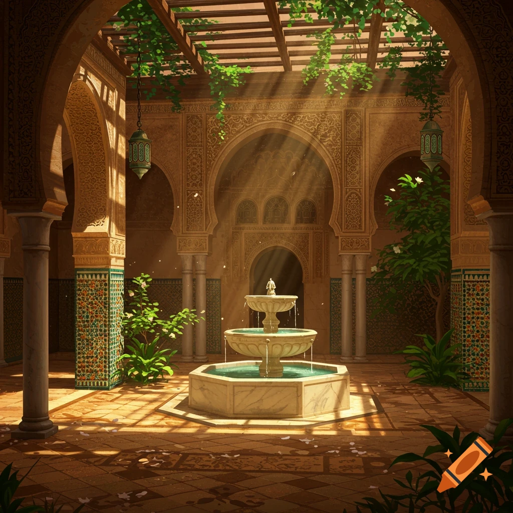 An ornate, sunlit courtyard featuring a central three-tiered fountain, lush green plants, and traditional Islamic architecture with arched doorways and patterned tilework.