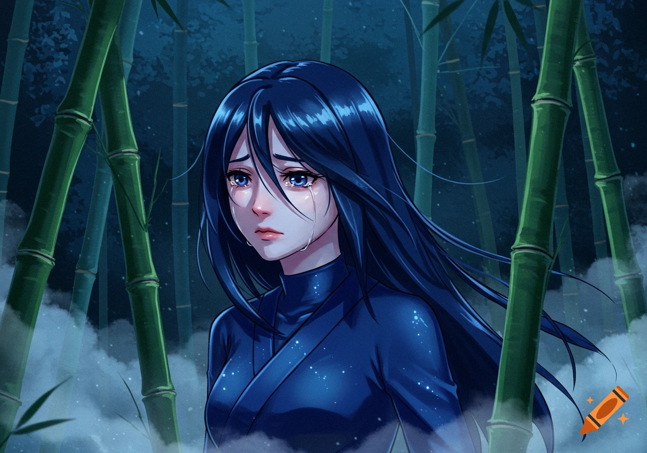 Manga style illustration of a sad, blue-haired female ninja crying in a dark bamboo forest.