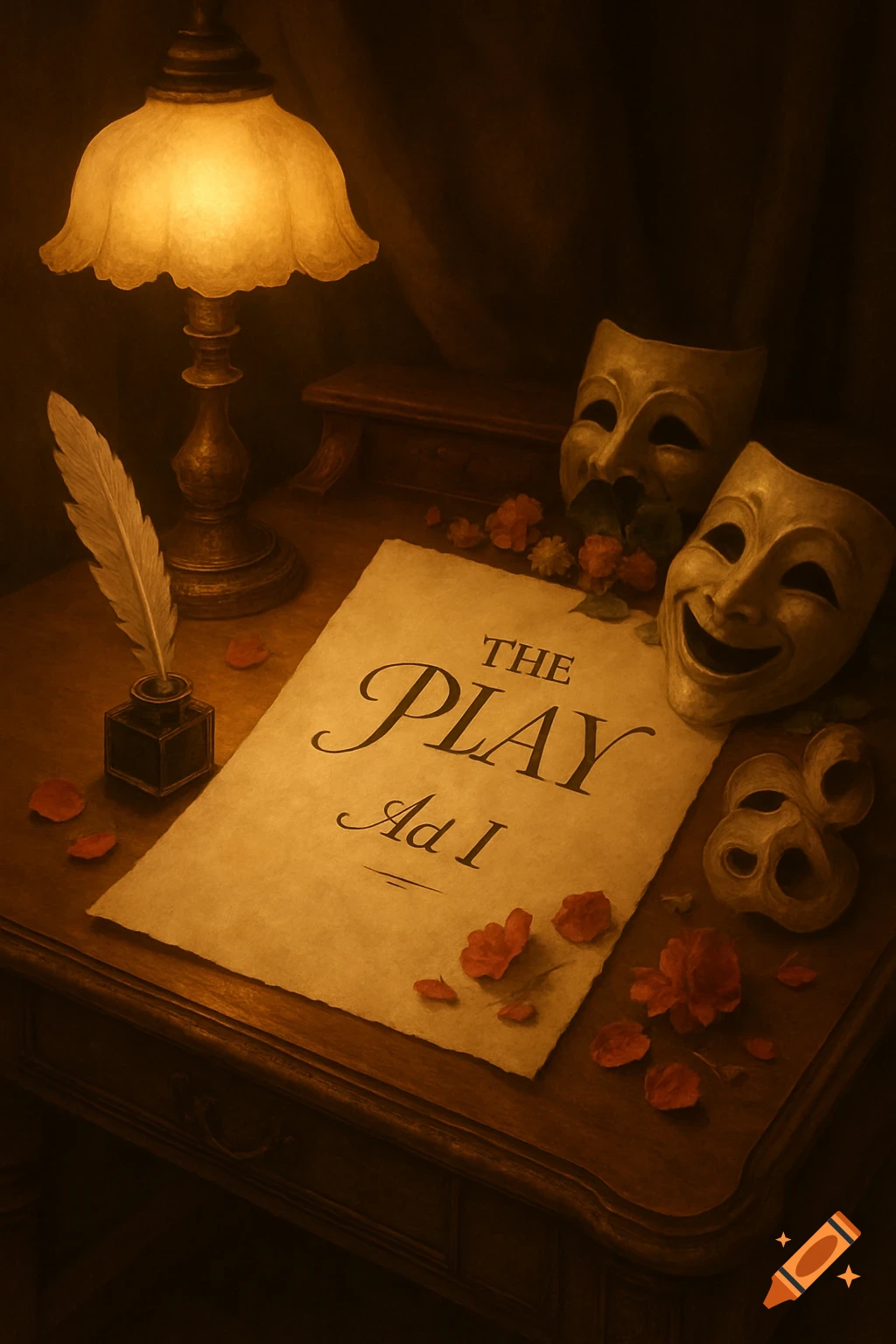 Vintage desk with glowing lamp, quill, inkwell, rose petals, comedy and tragedy masks, and a script titled 'THE PLAY Act 1'.