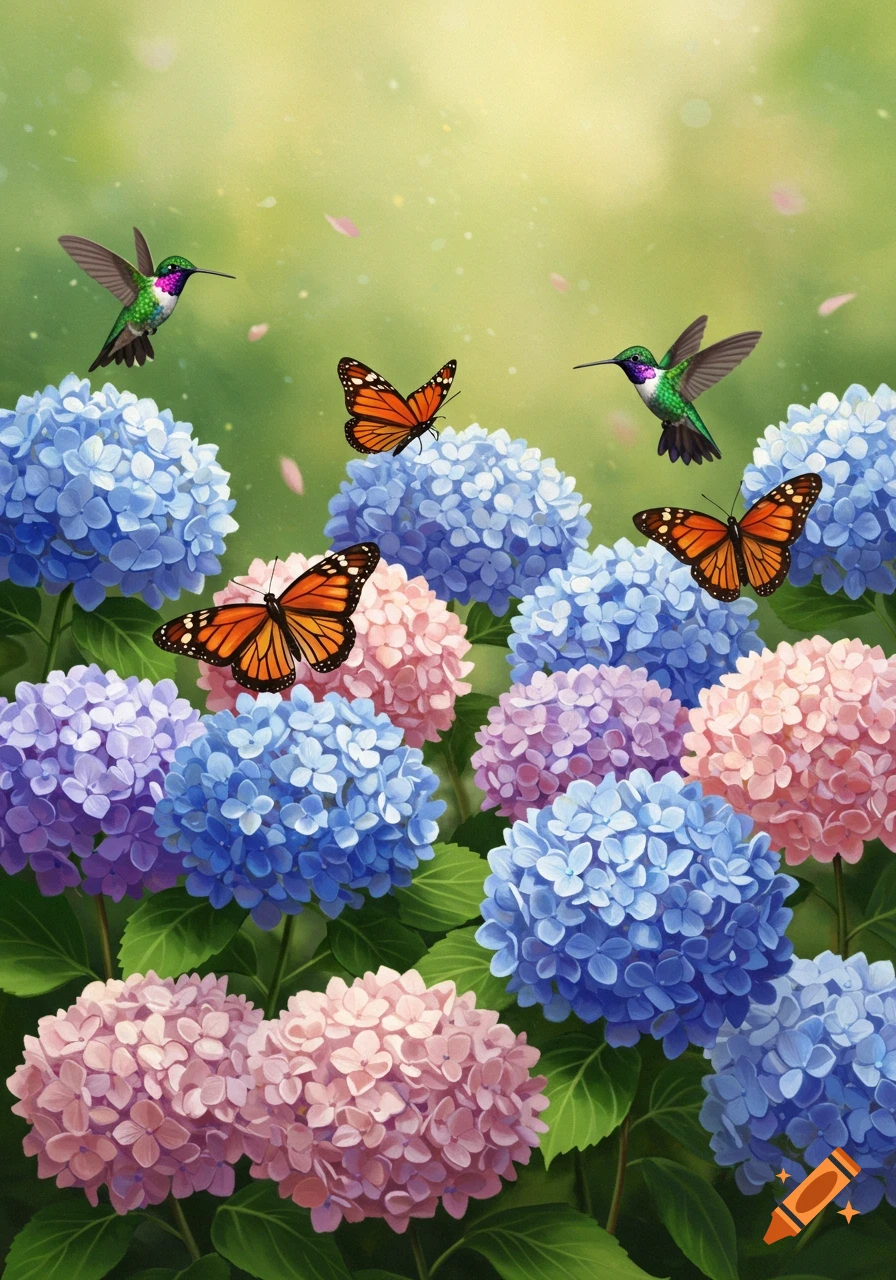A vibrant garden scene with colorful hydrangeas, monarch butterflies, and green hummingbirds amidst lush greenery.