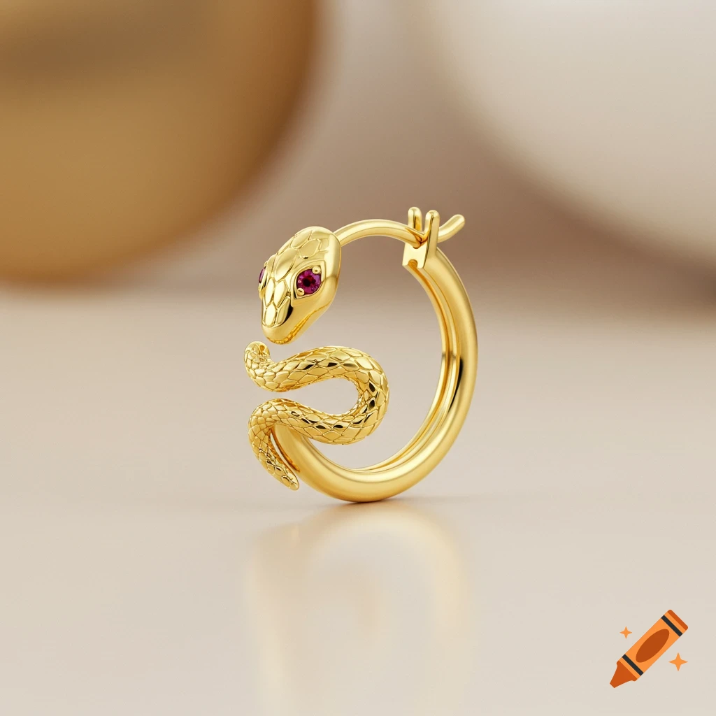 A close-up of a gold hoop earring shaped like a snake with ruby eyes, on a blurred light background.