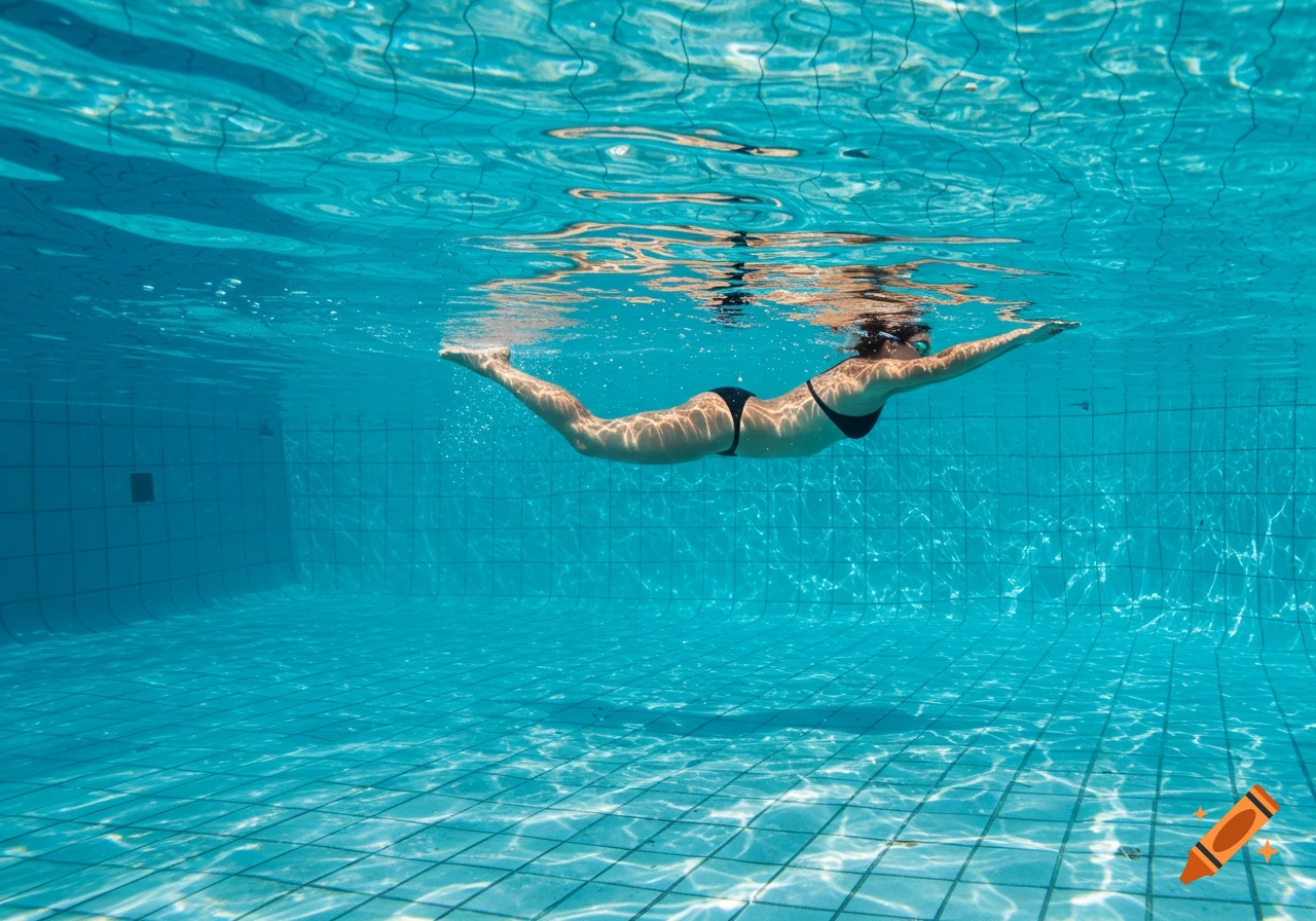 A person in a black swimsuit swims underwater in a bright blue tiled swimming pool, with light refracting from the surface.