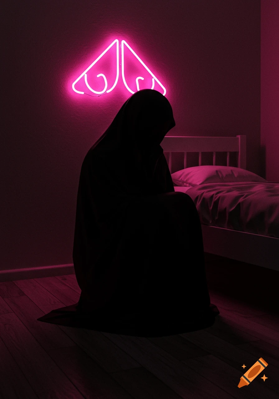 A dark silhouette of a figure in a jilbeb kneels on the floor in a dimly lit room with a pink neon light symbol on the wall, next to a bed.