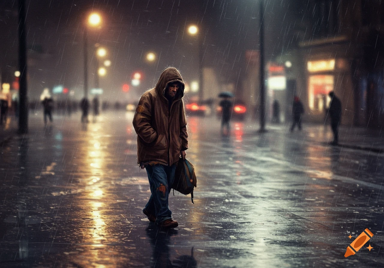 A person in a brown hooded jacket walks on a wet, rainy city street at ...
