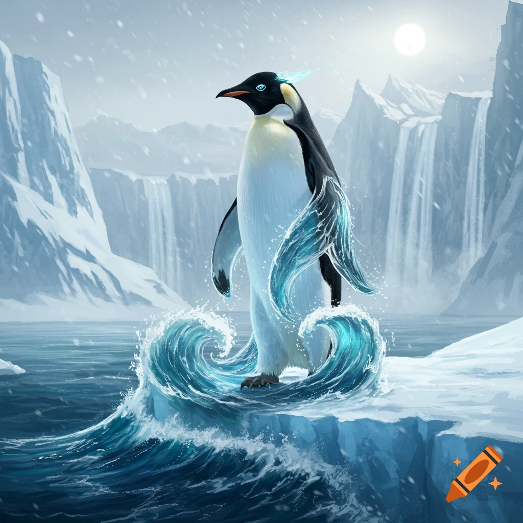 An emperor penguin with glowing blue eyes and elemental water features stands on an ice floe amidst waves in an arctic landscape.
