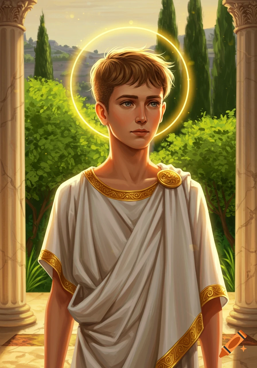 Digital painting of a young boy in a white toga with gold trim, standing in an ancient garden. A golden halo glows around his head.