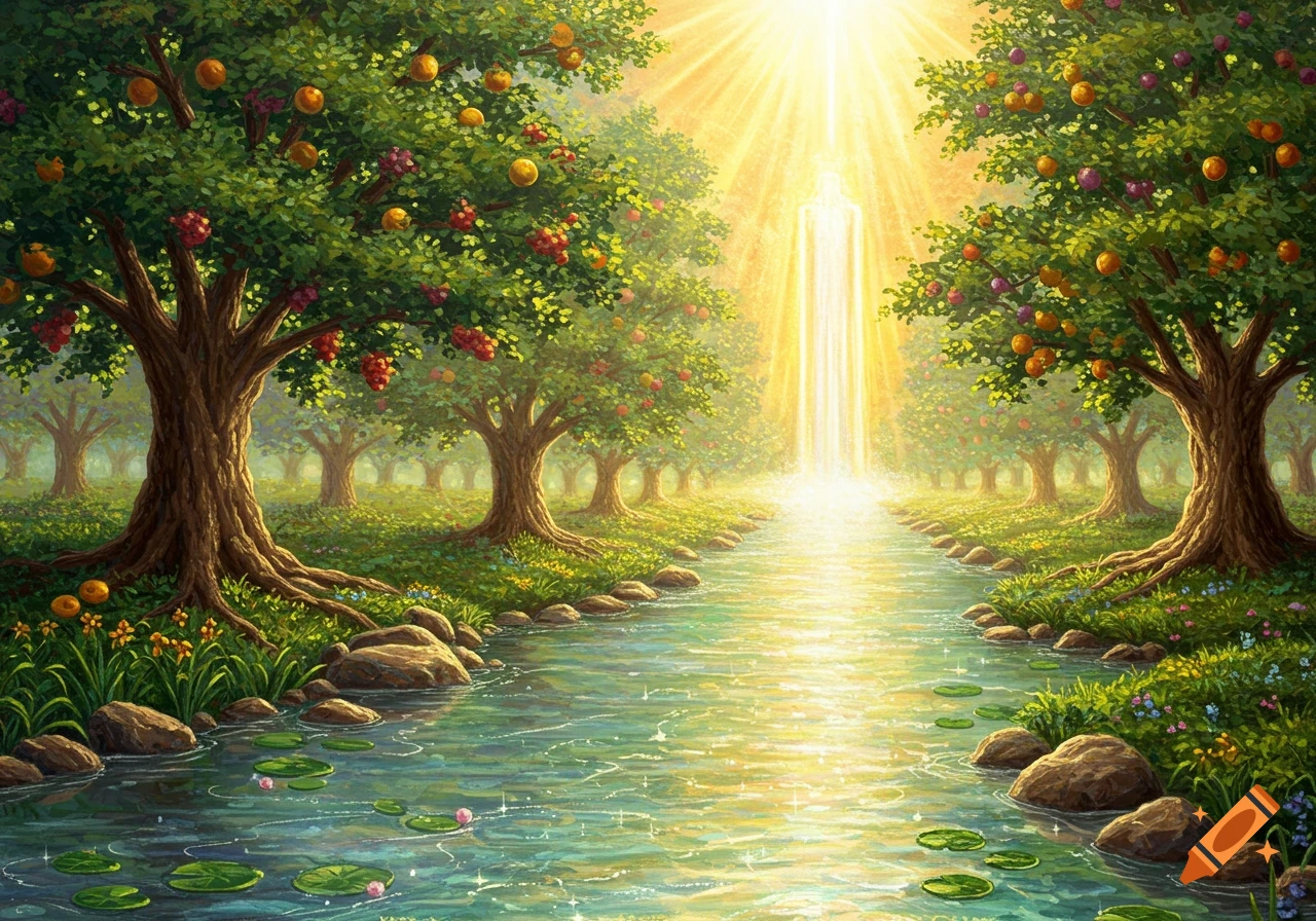 A vibrant, dreamlike garden with a glowing river flowing through a lush landscape filled with fruit-laden trees under a radiant, bright sky.
