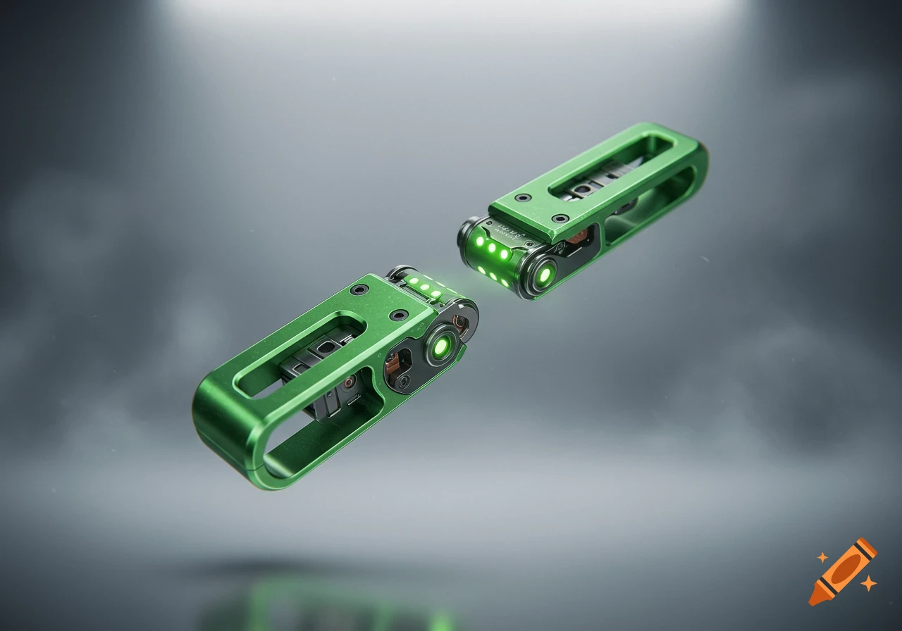 Two halves of a futuristic green metal device with glowing lights, floating over a reflective gray surface.