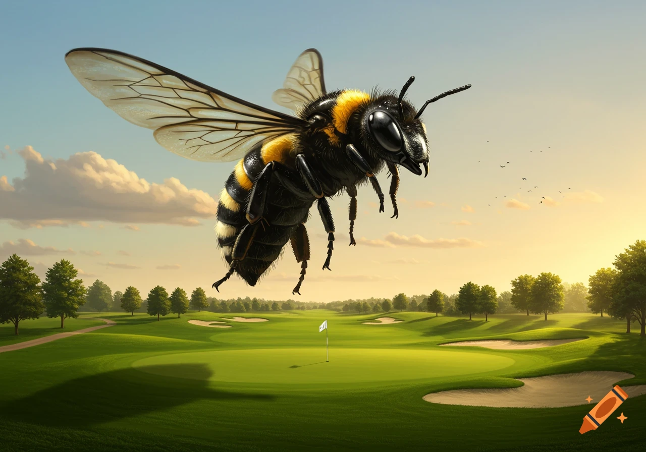 A massive, detailed bee with black and yellow stripes flies over a green golf course with bunkers and trees during sunset.