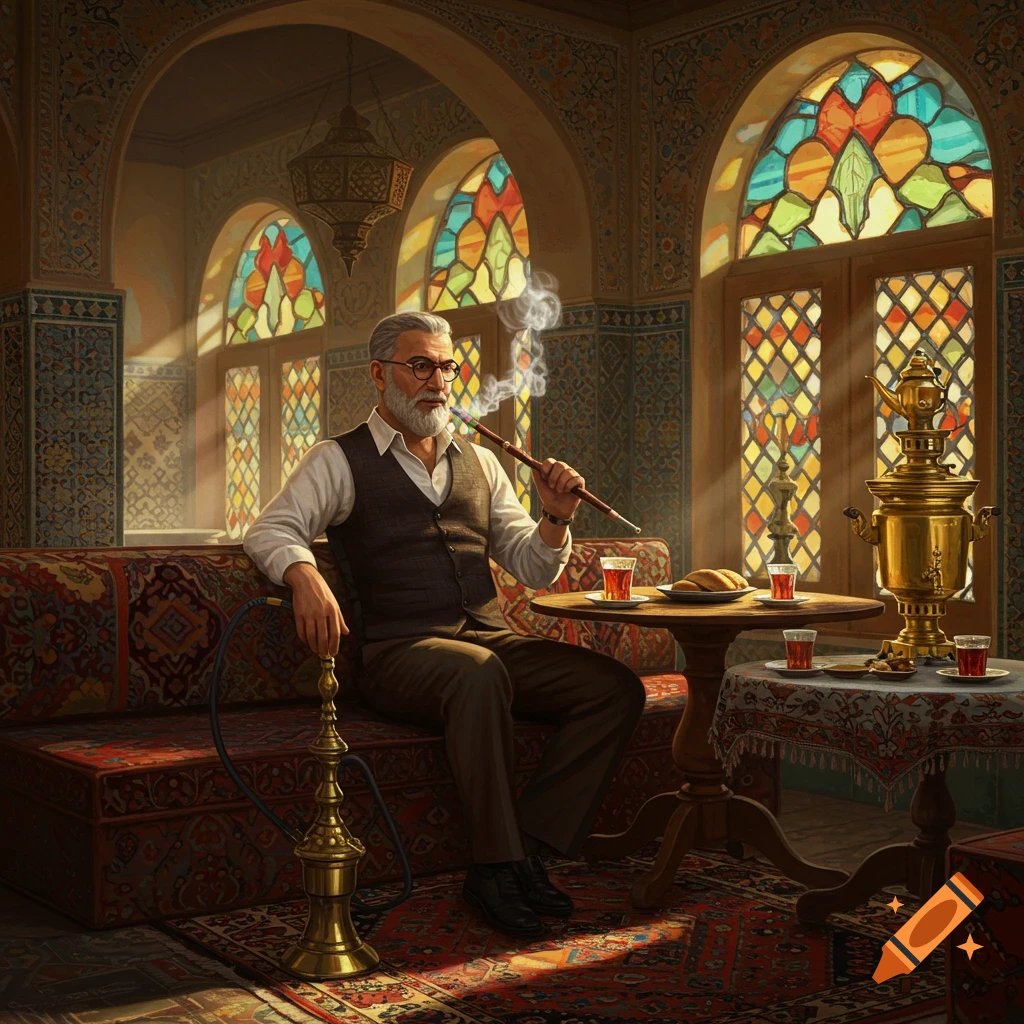 A bearded man with glasses smokes a hookah in an ornate, sunlit room with patterned rugs and stained-glass windows, a samovar nearby.