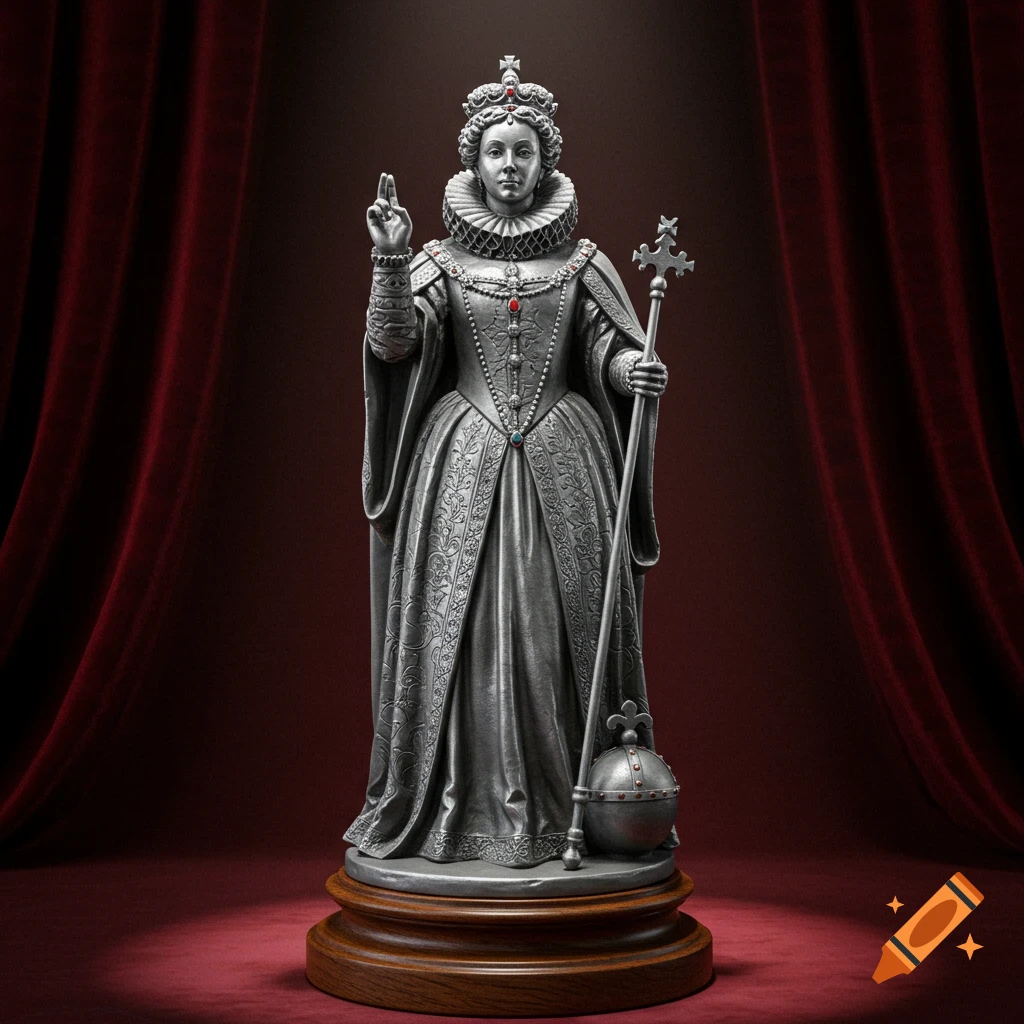 Pewter figurine of a queen in elaborate historical attire holding up two fingers and a scepter, on a wooden base with red drapes.
