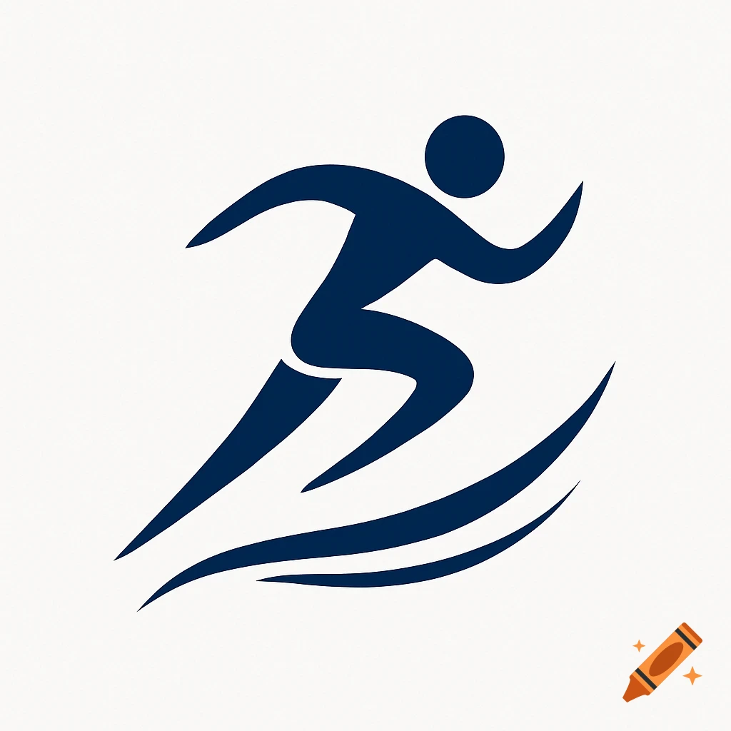 A simple dark blue graphic logo of a running person with swooshing motion lines behind them, on a white background.