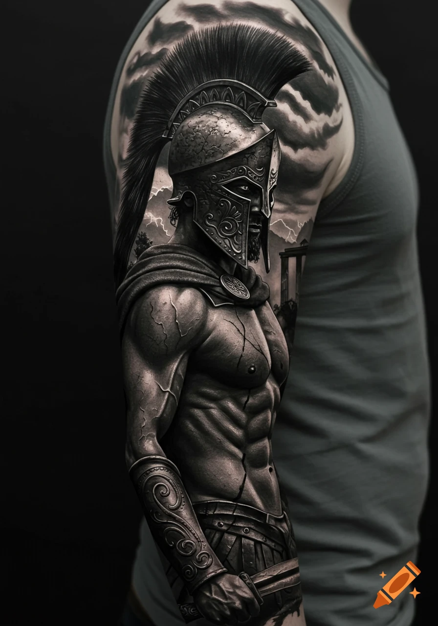 Photorealistic black and grey tattoo of a muscular Spartan warrior in armor and cape on a man's arm, against a stormy sky.