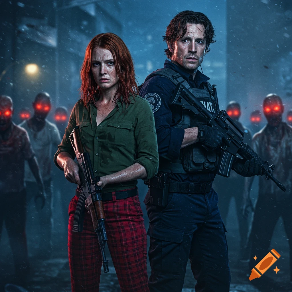 Photorealistic image of an armed man and red-haired woman in the rain, surrounded by glowing-eyed zombies.