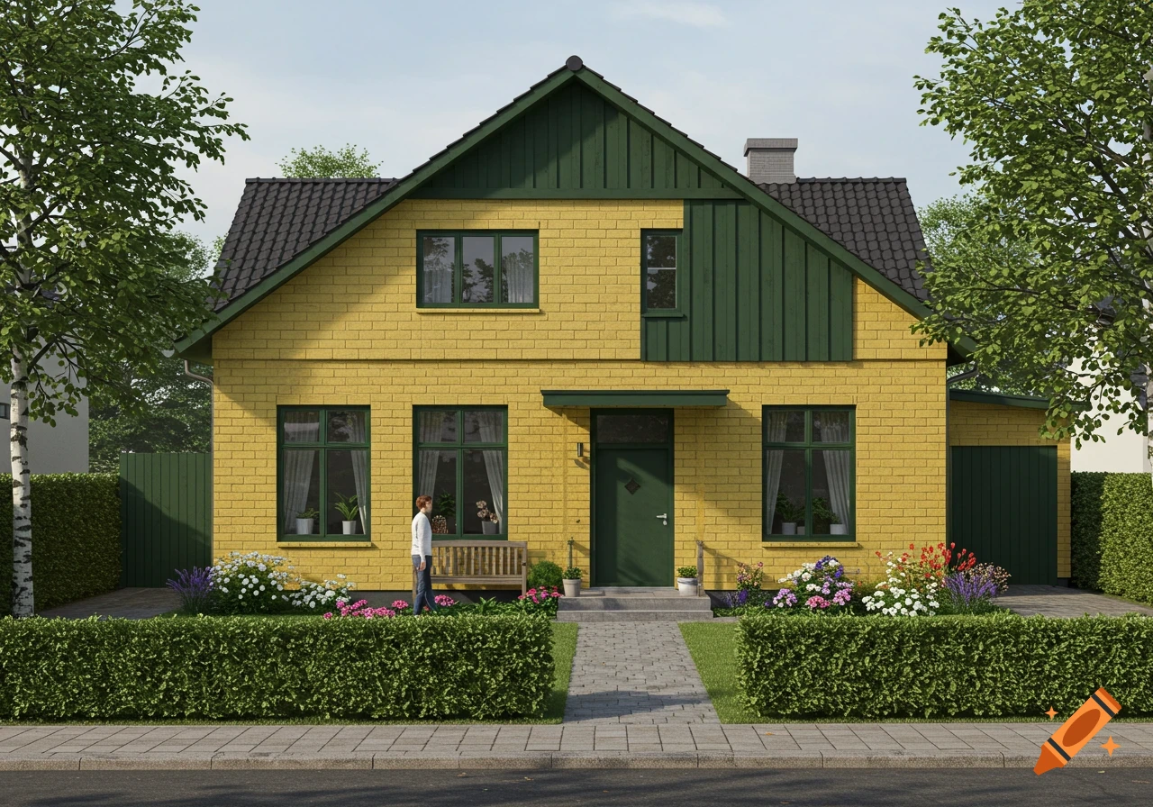 A photorealistic rendering of a yellow brick Danish house with a dark green gable, dark green window frames, and a small front garden with hedges and flowers.