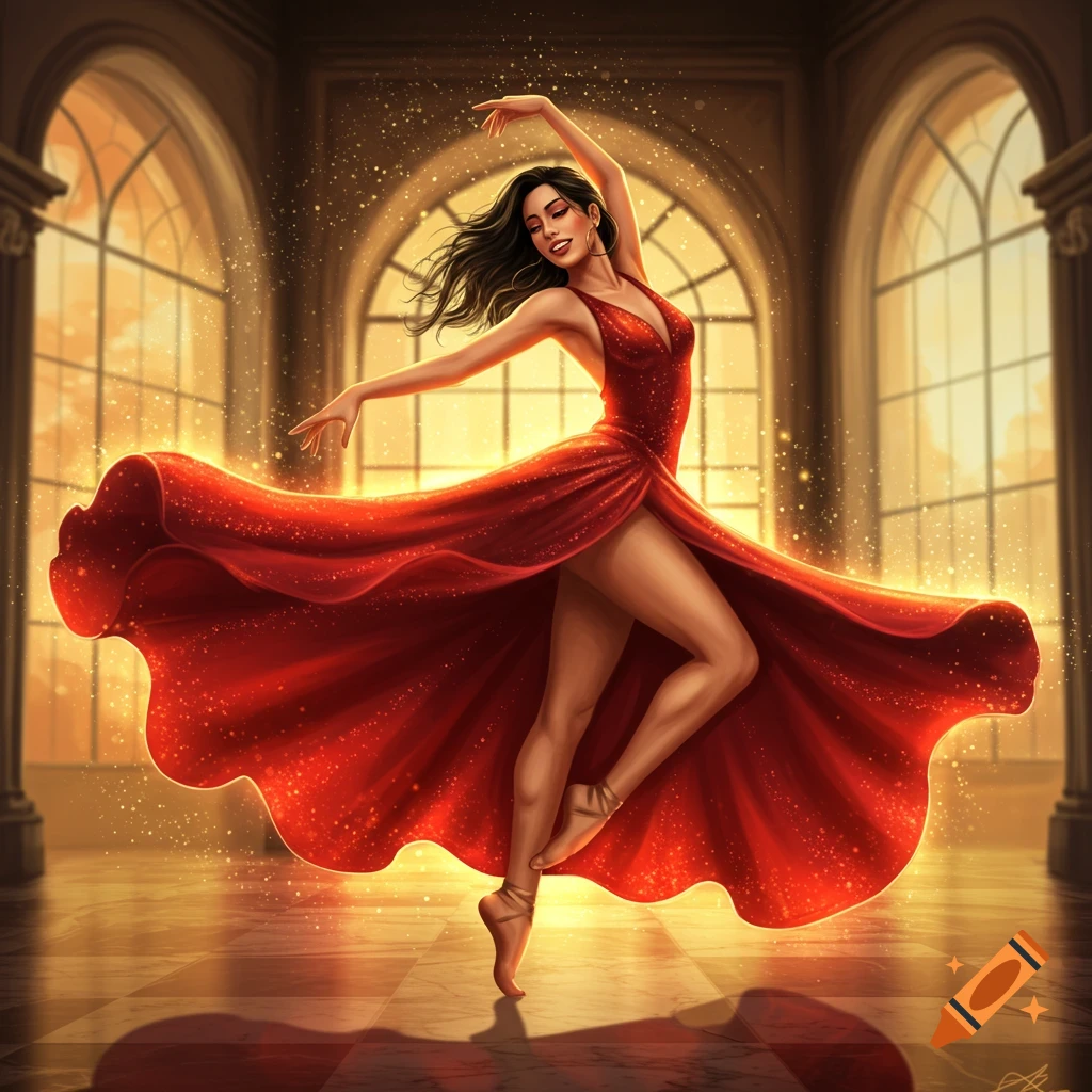 Digital painting of a woman in a flowing red dress dancing gracefully ...