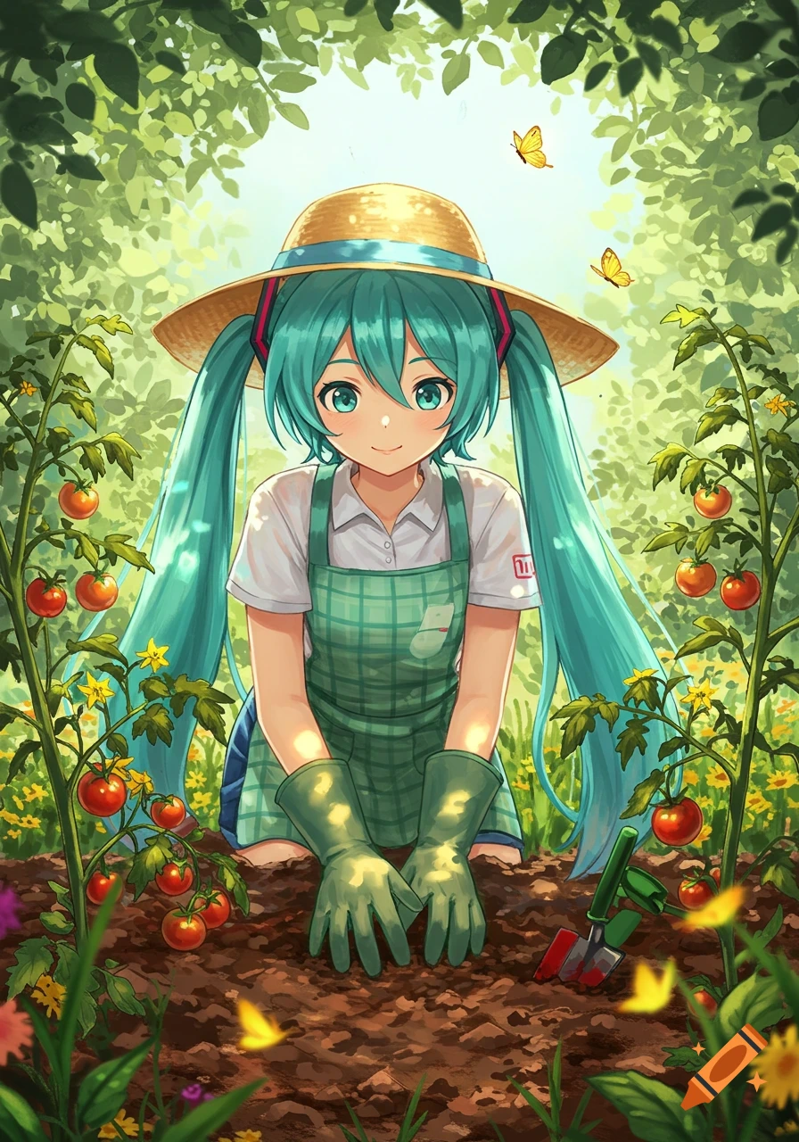 Hatsune Miku in a straw hat and green gardening apron with gloves, tending to tomato plants in a lush garden.