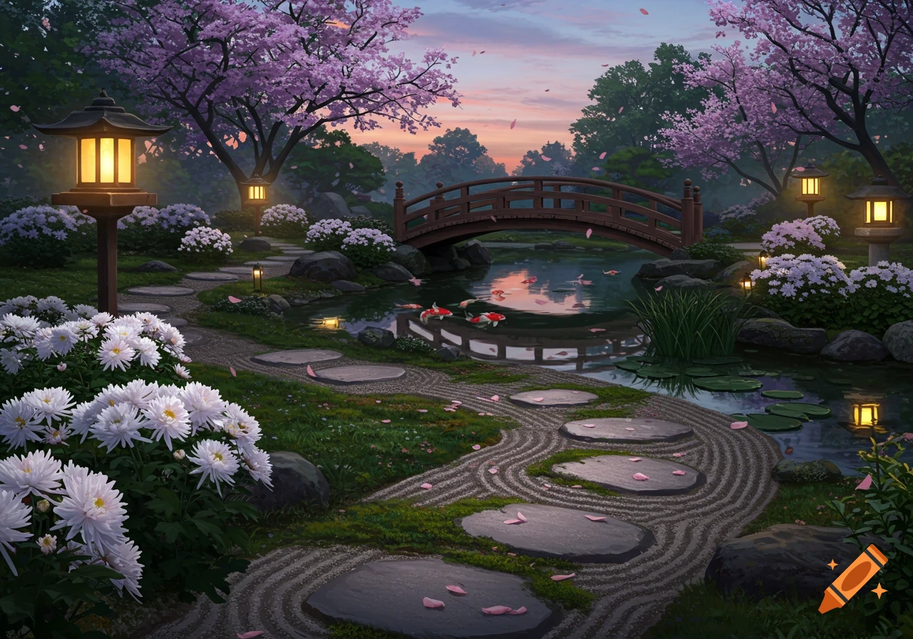 A serene Japanese garden with a wooden bridge over a koi pond, stepping stones, traditional lanterns, and cherry blossom trees at sunset.