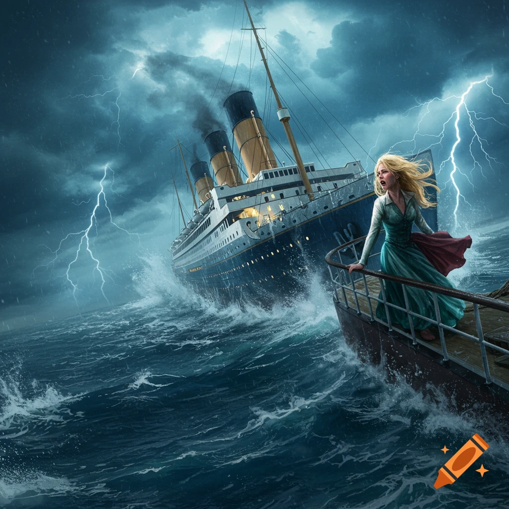 A blonde woman in a green dress stands on a boat's deck, looking back at a large ship sinking in a stormy sea with lightning.