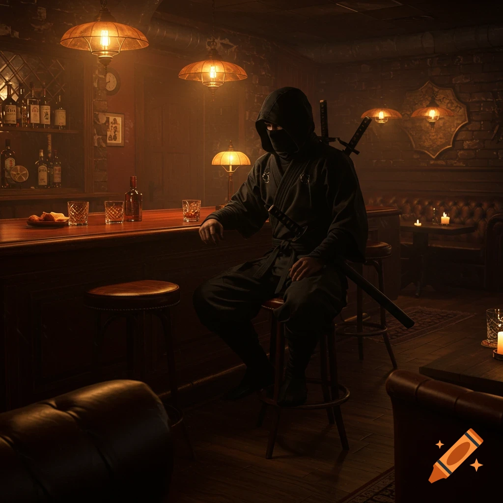 A masked ninja in a black suit sits at a dark, atmospheric wooden bar, with bottles and glasses behind him, lit by warm lamps.