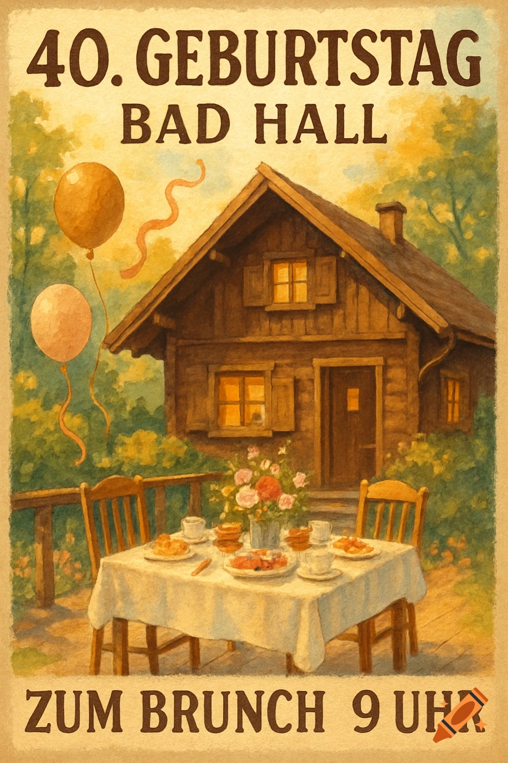 Vintage watercolor invitation for a 40th birthday brunch, featuring a cabin, set table, and text '40. GEBURTSTAG BAD HALL ZUM BRUNCH 9 UHR'.