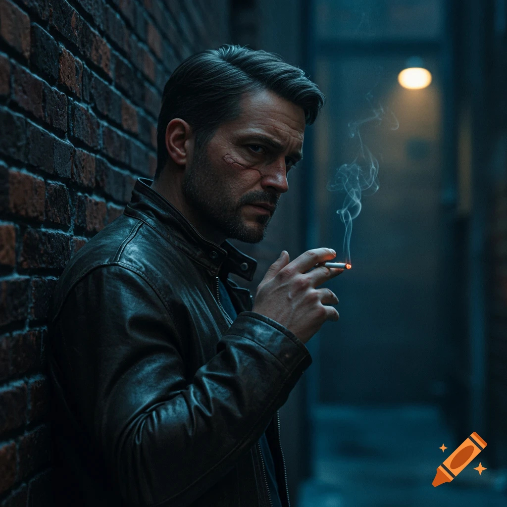 A serious man with a scar leans against a brick wall in a dark alley, smoking a cigarette. Photorealistic, cinematic style.