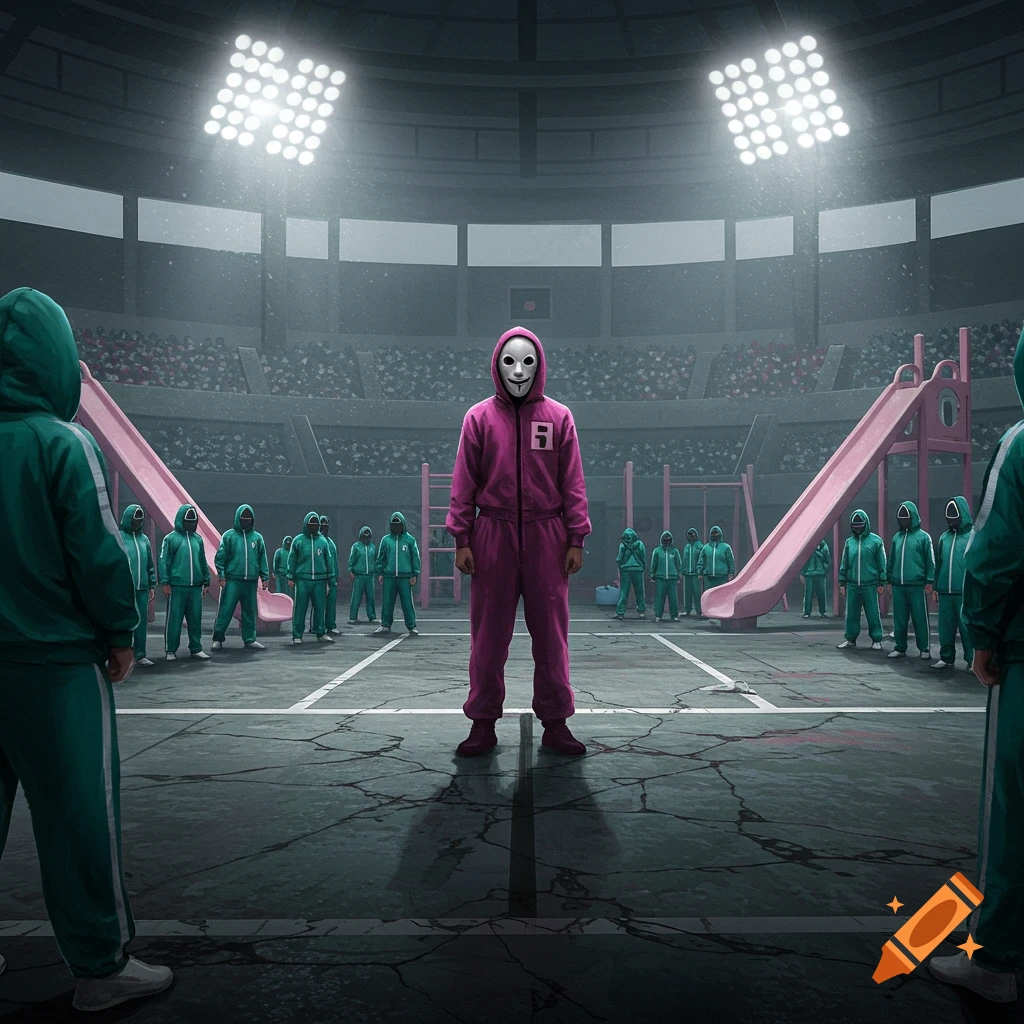 A masked figure in a pink tracksuit stands centered in a stadium, surrounded by people in green tracksuits and pink playground equipment under bright stadium lights.
