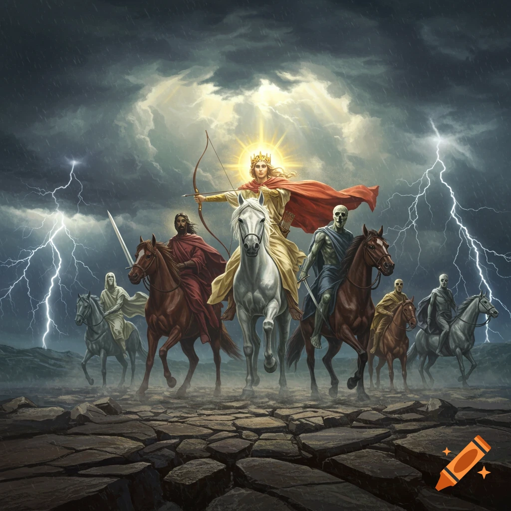 Multiple riders on horseback, including a golden-crowned figure with a bow and a skeletal figure, under a stormy sky with lightning and cracked earth. Epic fantasy art.