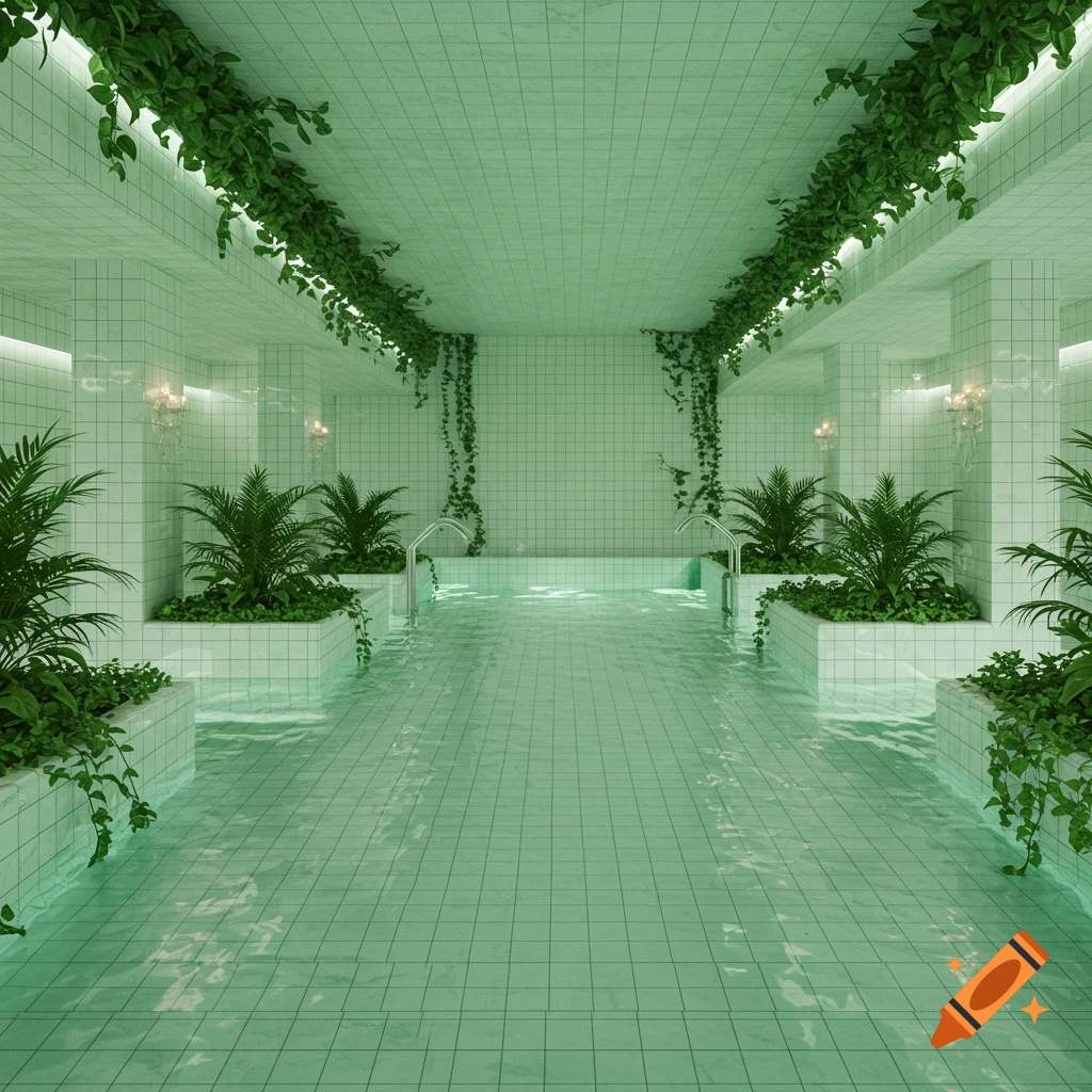 Green-tinted tiled indoor poolroom with lush plants lining the walls and a soft, ethereal light.