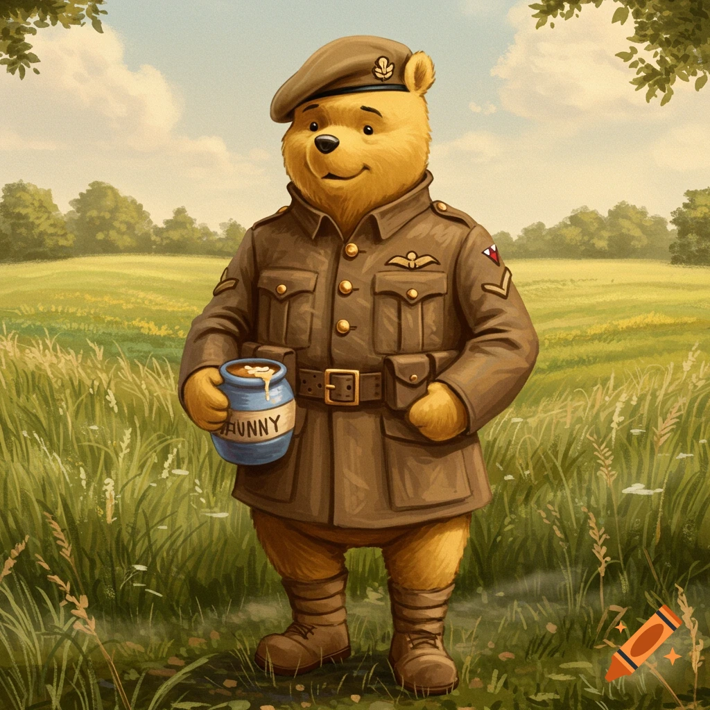 Winnie the Pooh dressed as a British World War II soldier, holding a honey pot, standing in a grassy field.