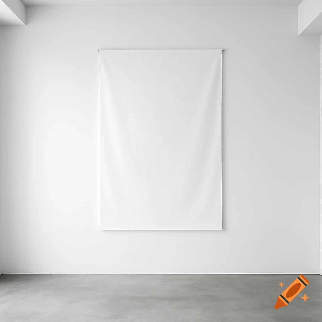 A white blank banner hangs on a stark white wall above a gray concrete floor in a minimalist gallery setting.