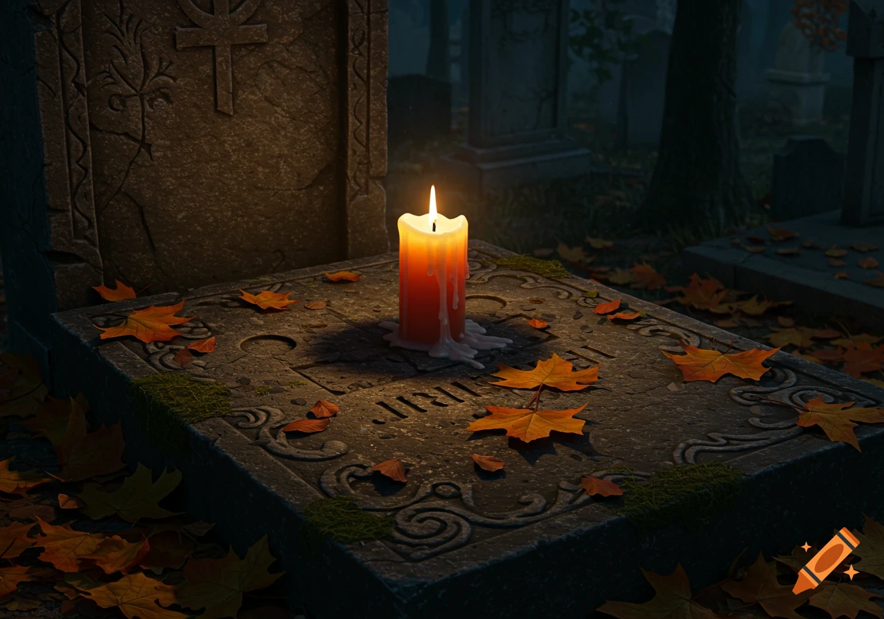 A glowing candle sits on a weathered tombstone covered in autumn leaves in a dark graveyard, photorealistic style.