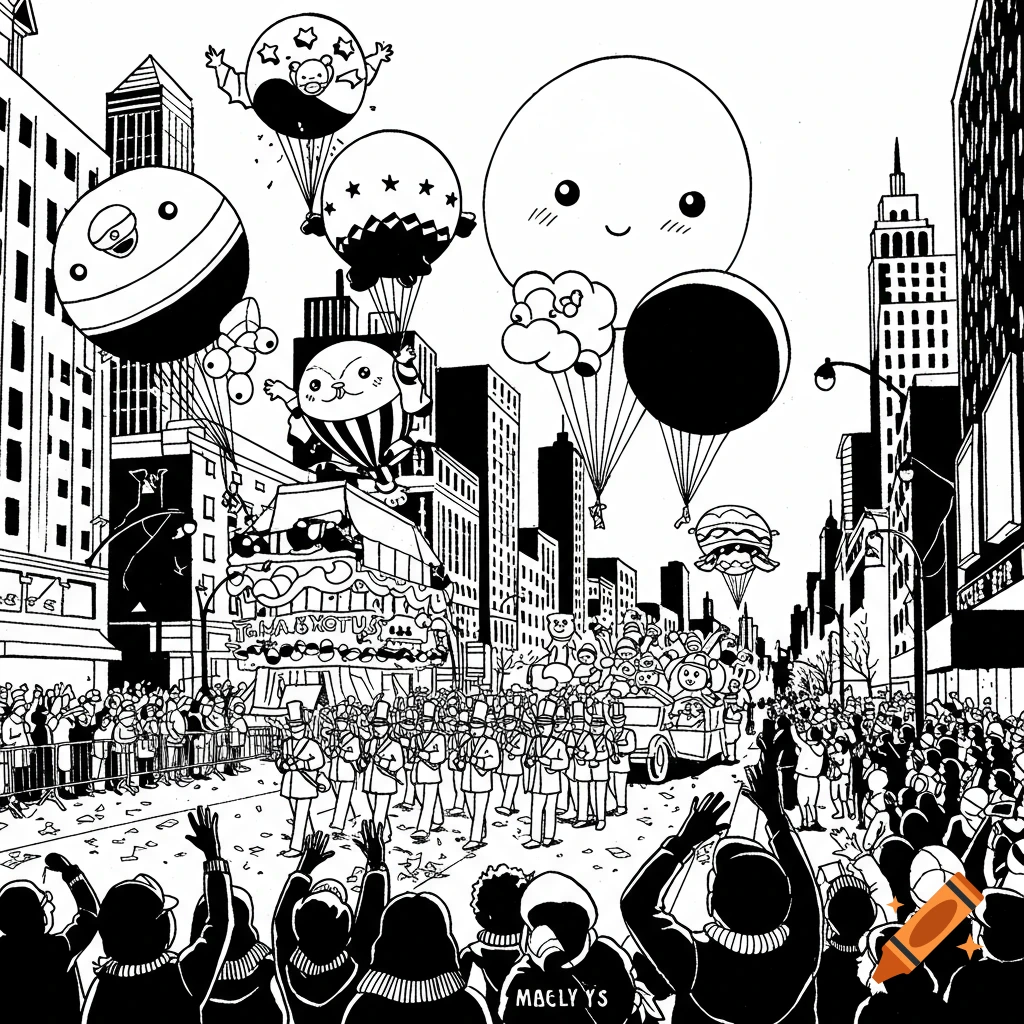 A black and white illustration of a parade with large, cartoon-like character balloons, floats, marching bands, and crowds in a city.